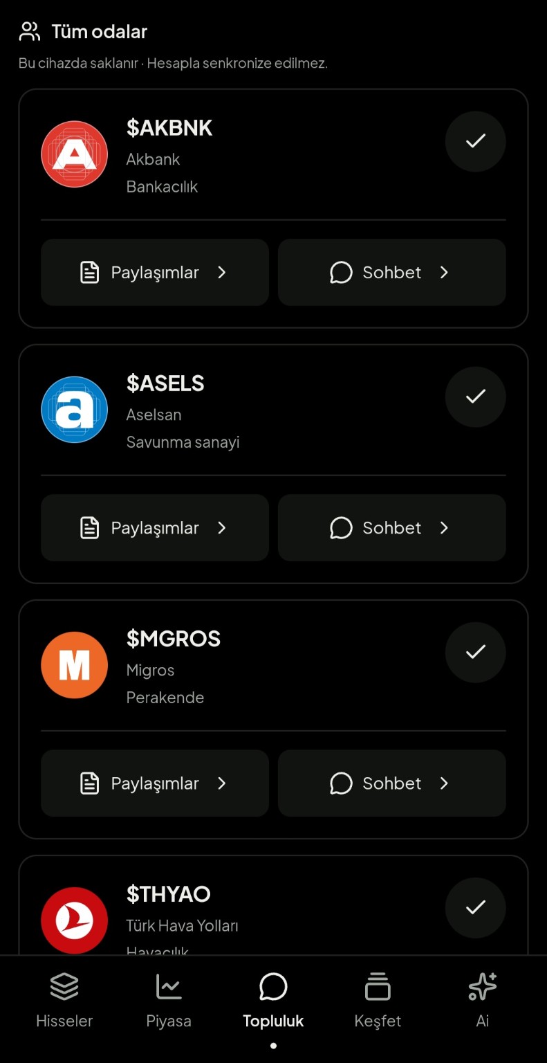 Hisse odalarında paylaşımları ve canlı sohbeti tek yerde takip et.